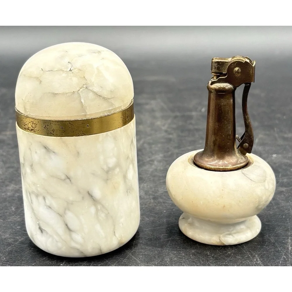 Antique Marble & Brass Table Lighter And Tobacciana Container Small Bottom Chip